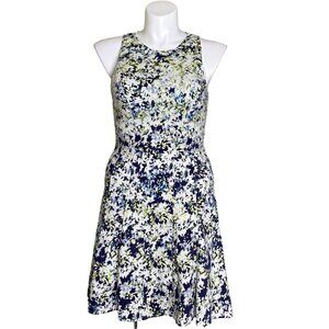 Maggy London Floral A-Line Dress, Navy Yellow Tule Slip Pockets Women's Size 14